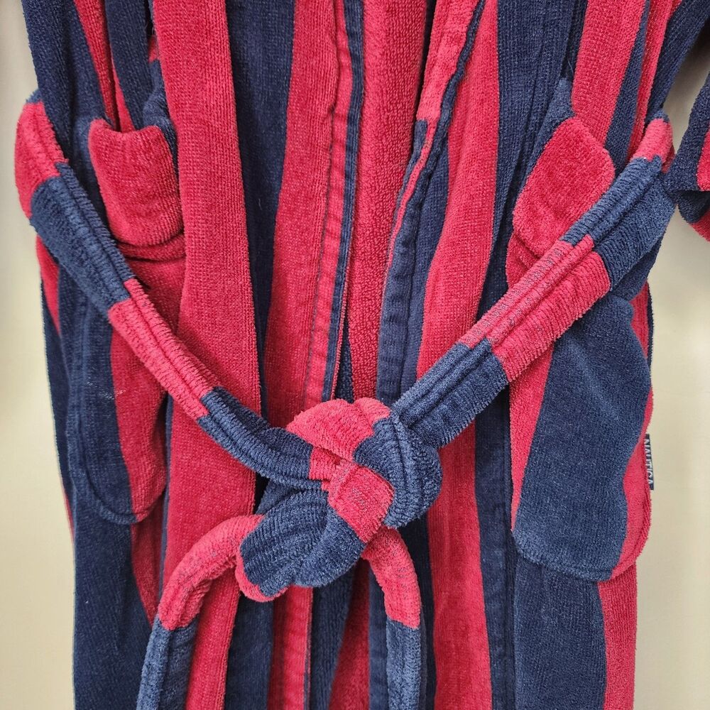 Vintage Nautica Long Robe Mens Heavyweight Terry Cloth Striped Red Navy Blue - Picture 5 of 8